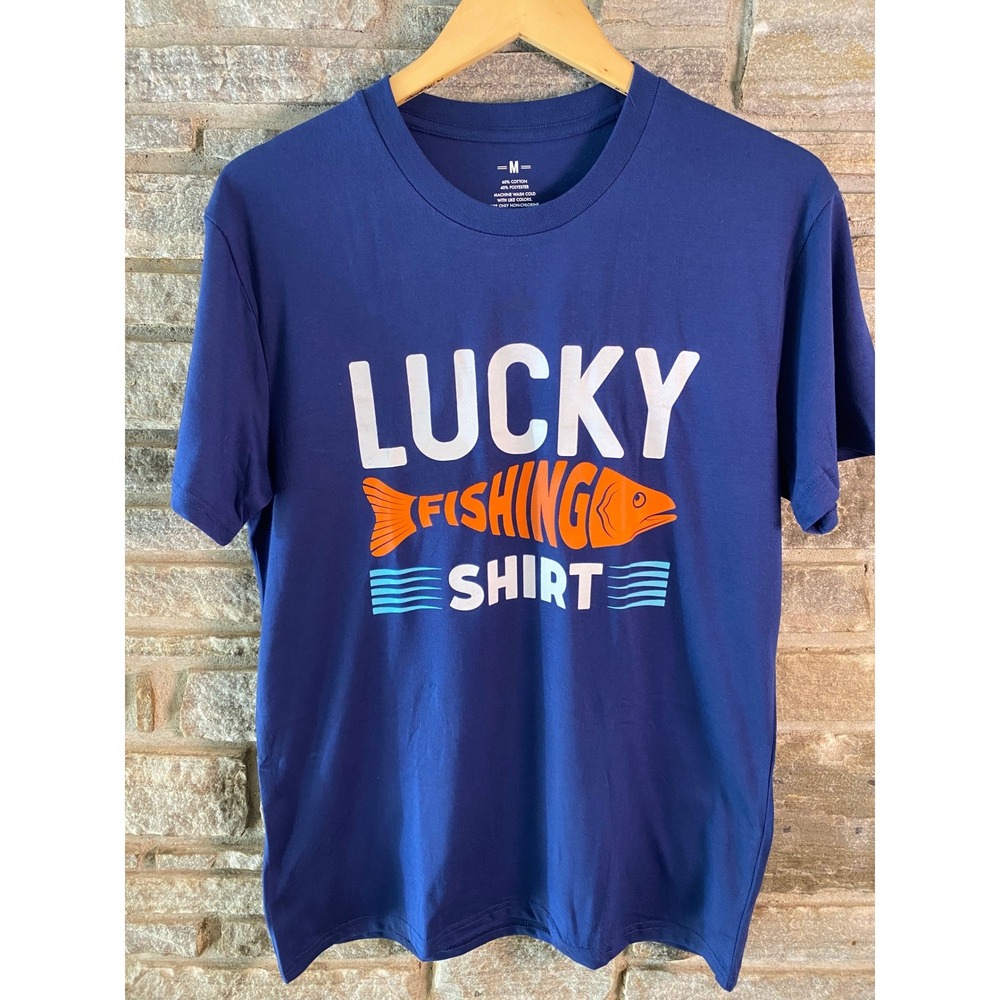 Mens Lucky Fishing Shirt Blue Crew Neck Graphic T-Shirt Size Medium New‎